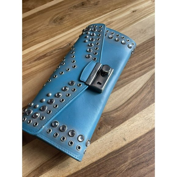 Turquoise Prada Wallet Purse Crossbody Rhinestone and Rivet detail Perfect Cond - Picture 10 of 10